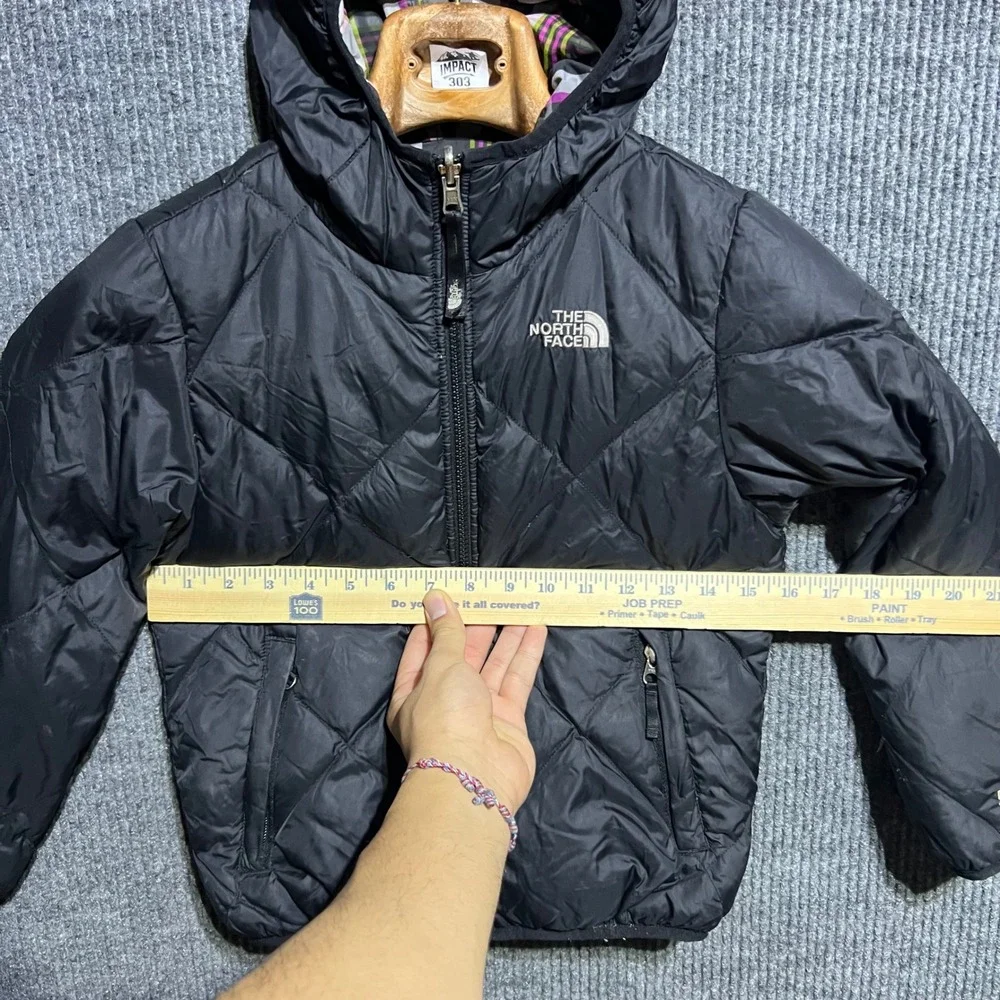 The North Face Reversible Puffer Jacket Girls S 7/8 Black Plaid 550 Down Hooded